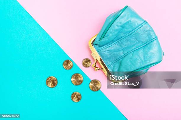 Purse For Coins A Leather Purse Wallet On A Geometric Pink And Turquoise Background Trend Colors Stock Photo - Download Image Now