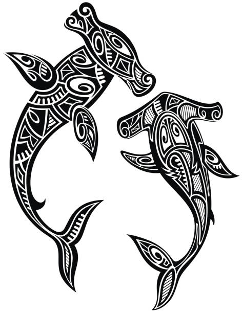 illustrazioni stock, clip art, cartoni animati e icone di tendenza di tatuaggio squali martello in stile tribale maori - polynesia