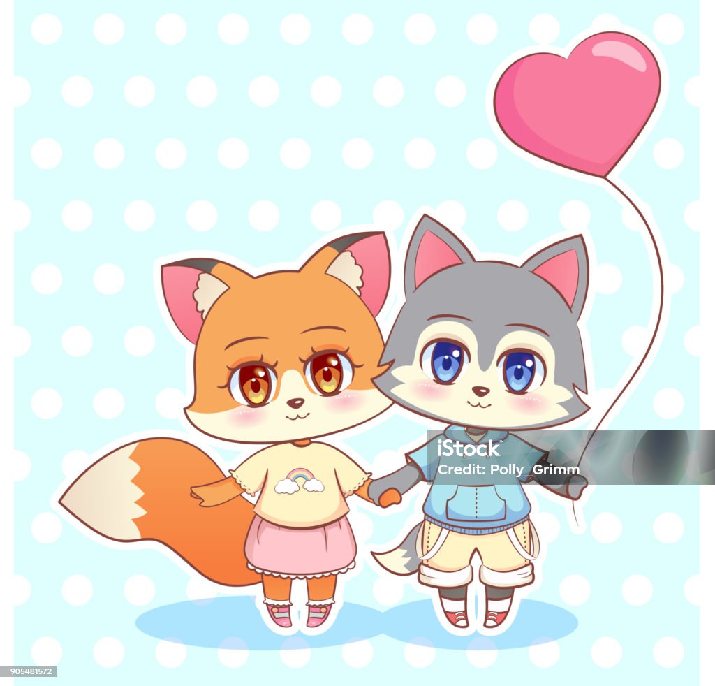 Sweet Little Cute Kawaii Anime Hoạt Hình Puppy Fox Wolf Boy And Girl With  Pink Balloon In The Shape Of A Heart Thiệp Cho Ngày Valentine Tình Yêu Và  Tình Bạn Nhân