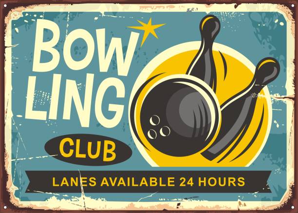 Bowling club retro poster design Bowling club retro poster design with bowling ball hits the skittles. bowling alley stock illustrations