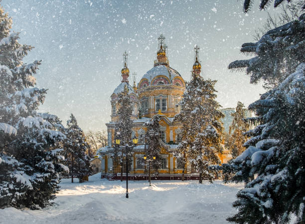 ascension cathedral in panfilov park of almaty, kazakhstan - cross shape religion sky wood imagens e fotografias de stock