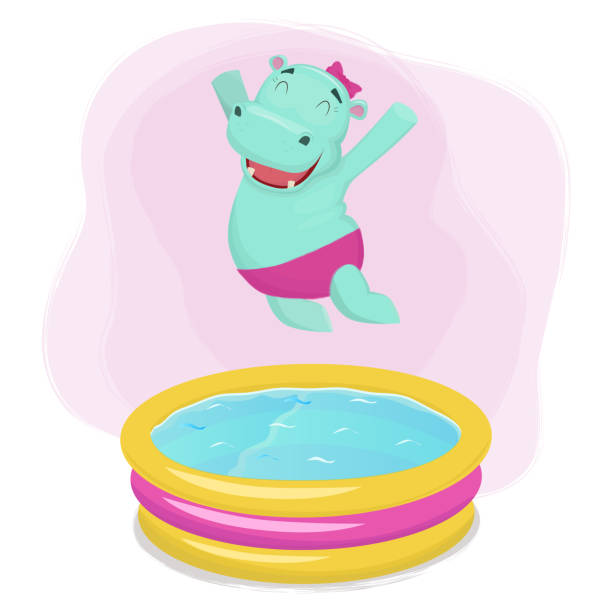 illustrazioni stock, clip art, cartoni animati e icone di tendenza di ragazza ippopotamo felice che salta nella piscina d'acqua - 2779