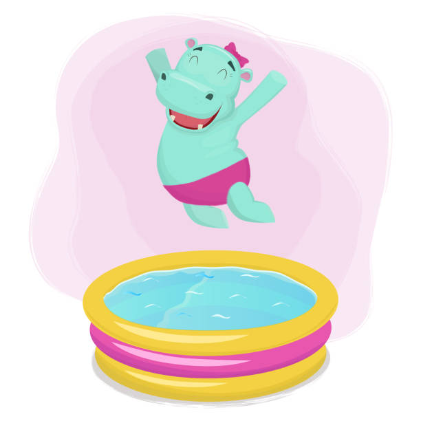 ilustrações de stock, clip art, desenhos animados e ícones de happy hippo girl jumping into waterpool - 2779