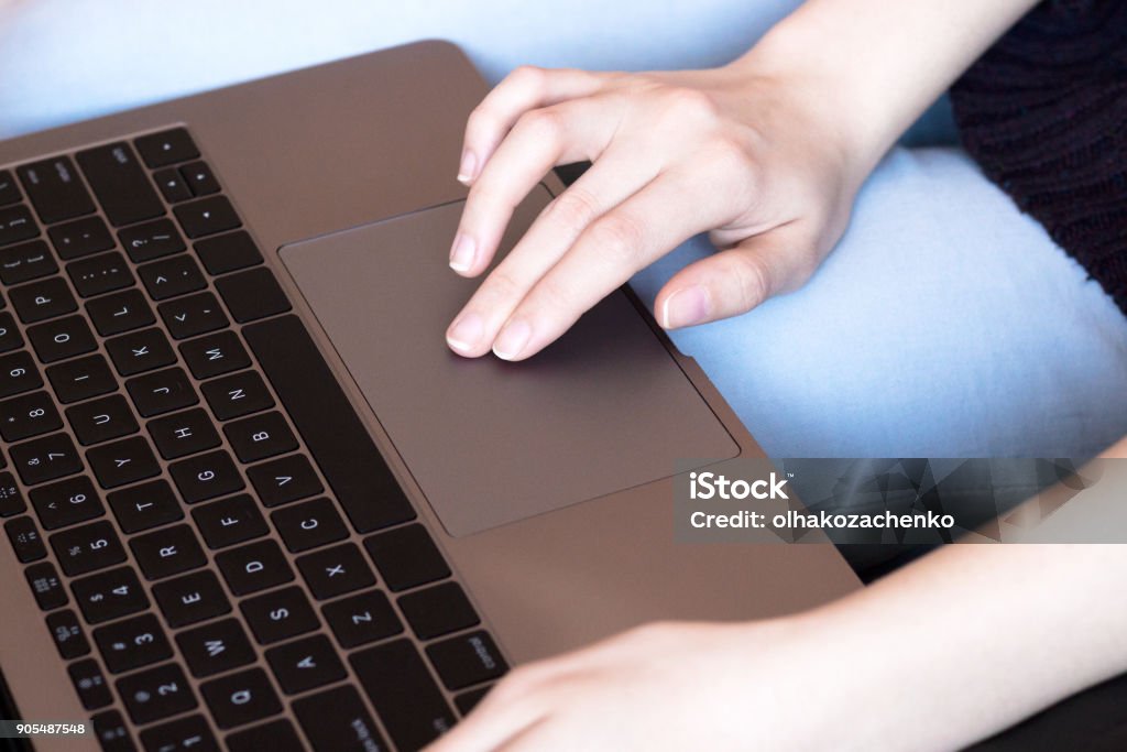 Woman tap touchpad. Concept freelancing, work on laptop. Adult Stock Photo