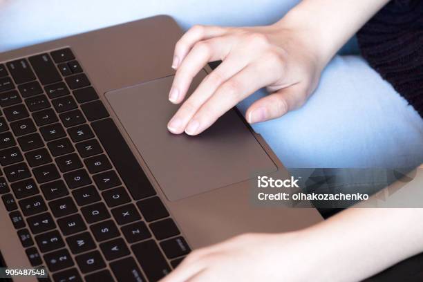 Woman Tap Touchpad Concept Freelancing Work On Laptop Stock Photo - Download Image Now