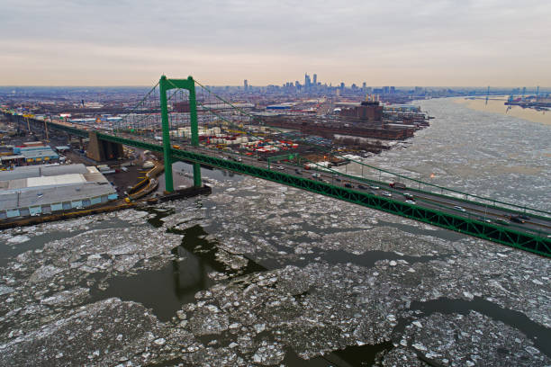 Aerial View  Frozen Delaware River Philadelphia Aerial View  Frozen Delaware River Philadelphia philadelphia winter stock pictures, royalty-free photos & images