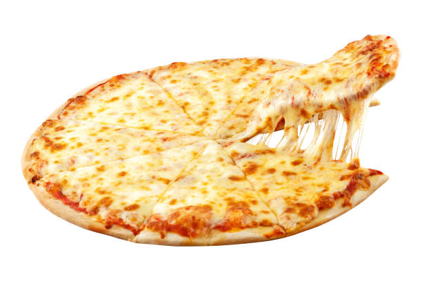 pizza margarita con queso mozzarella, albahaca y tomate, plantilla para su diseño y el menú del restaurante, aislado fondo blanco. - cheese pizza fotografías e imágenes de stock