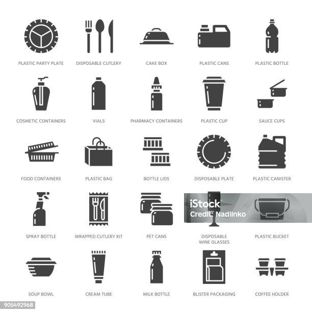 Plastic Packaging Disposable Tableware Vector Glyph Icons Product Container Silhouette Bottle Packet Canister Plate Cutlery Packs Filled Signs Synthetic Material Goods Pixel Perfect 64x64 Stock Illustration - Download Image Now