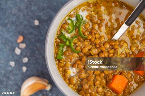 Indian Vegetarian Lentil Soup Mung Dal Indian Food Spice Concept Dark Background Top View Vegan Healthy Food Concept Macro Stock Photo - Download Image Now