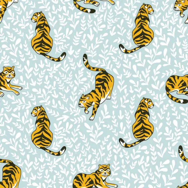 Vector illustration of Vector seamless pattern with tigers isolated on the floral background. Animal background for fabric or wallpaper boho design.