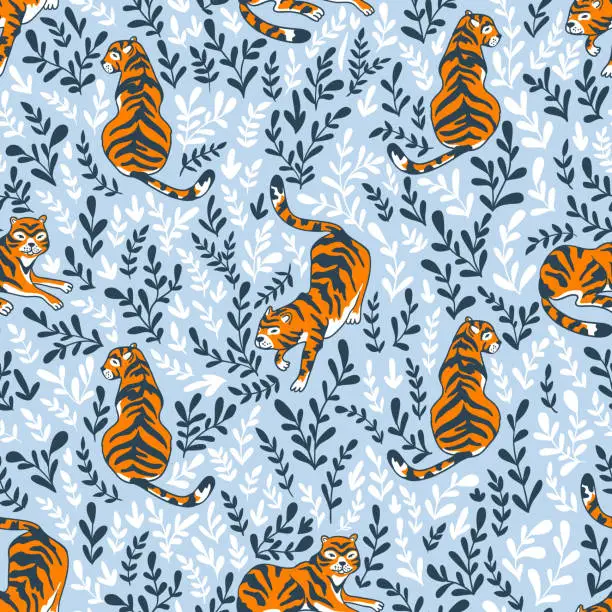 Vector illustration of Vector seamless pattern with tigers isolated on the floral background. Animal background for fabric or wallpaper boho design.