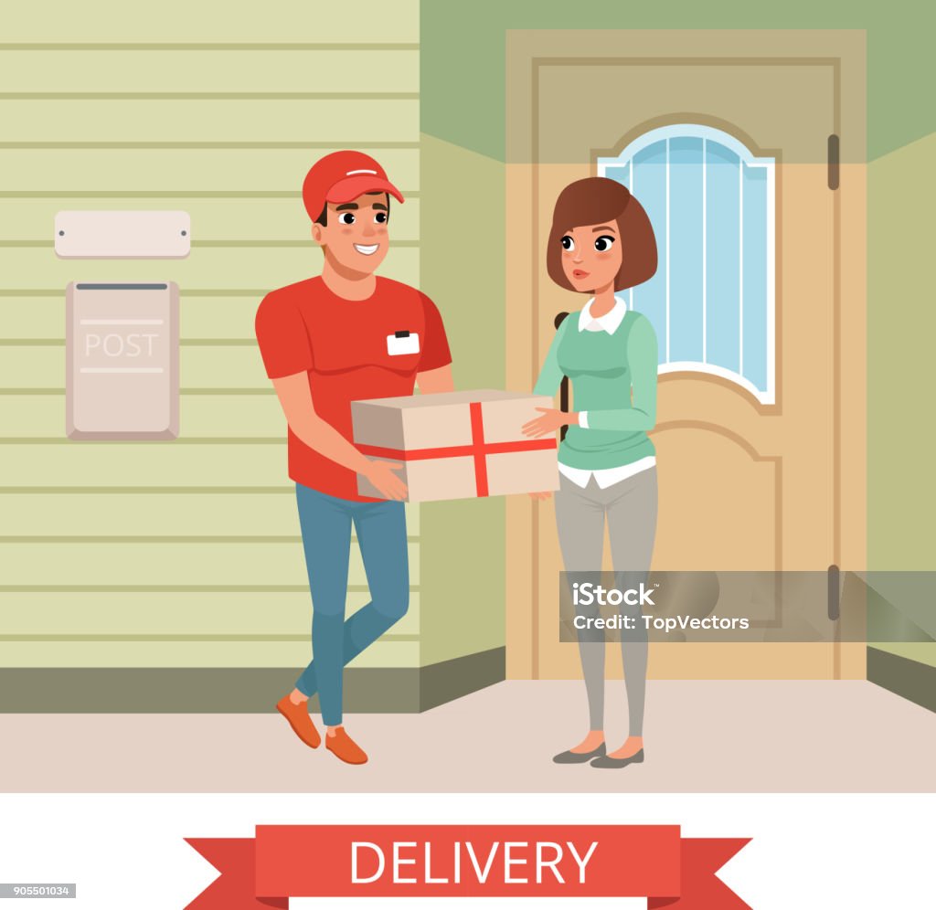 Ilustración de Paquete Obtener Mujer De Courier Personajes De Dibujos Animados Personas Joven Sonriente Vestido Con Uniforme De Trabajo Servicio De Entrega Fachada De La Casa Diseño Vectorial Plana y más Vectores Ilustración de Paquete Obtener Mujer De Courier Personajes De Dibujos Animados Personas Joven Sonriente Vestido Con Uniforme De Trabajo Servicio De Entrega Fachada De La Casa Diseño Vectorial Plana y más Vectores