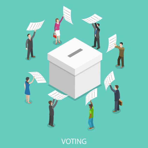 Voting flat isometric vector concept. Voting flat isometric vector concept. People are putting their ballot papers into the big paper voting box. suggestion box stock illustrations