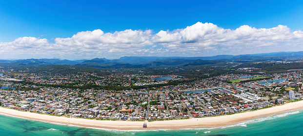 Panoramic view of sunny Palm Beach on the Gold Coast, Queensland, Australia