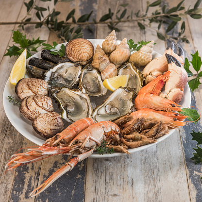 Fresh seafood platter with lobster mussels and oysters, France