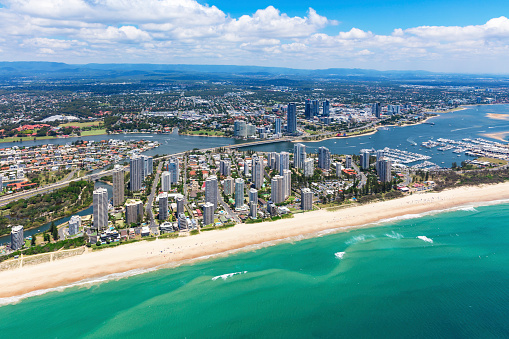Sunny aerial view of Main Beach and Southport looking inland on the Gold Coast, Queensland, Australia