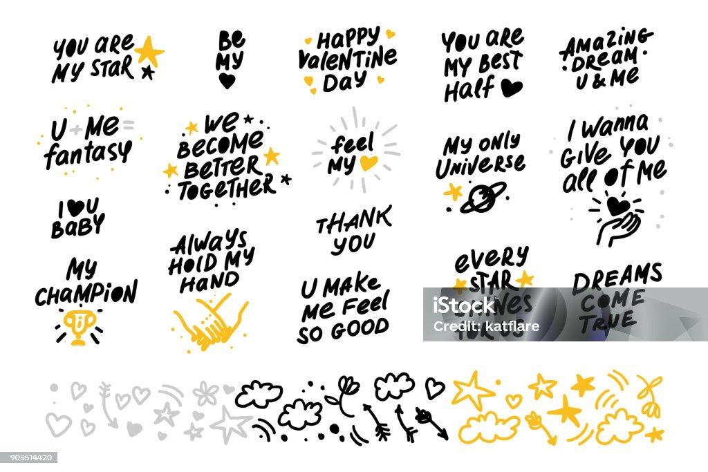 Collection of vector hand made lettering love quotes and decor elements isolated on white background. Collection of vector hand made lettering love quotes and decor elements isolated on white background. Good for Valentine day congratulation cards, banners, package etc. Typescript stock vector