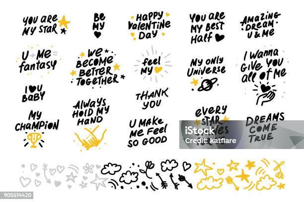 Collection Of Vector Hand Made Lettering Love Quotes And Decor Elements Isolated On White Background Stock Illustration - Download Image Now