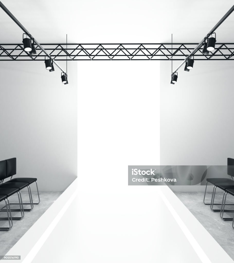 Light empty fashion runway Light empty fashion runway podium stage interior with seats, lights and copyspace. 3D Rendering Catwalk - Stage Stock Photo