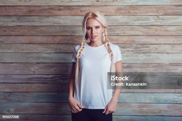 Beautiful Girl With Two Braids In A White Tshirt Mockup Stock Photo - Download Image Now