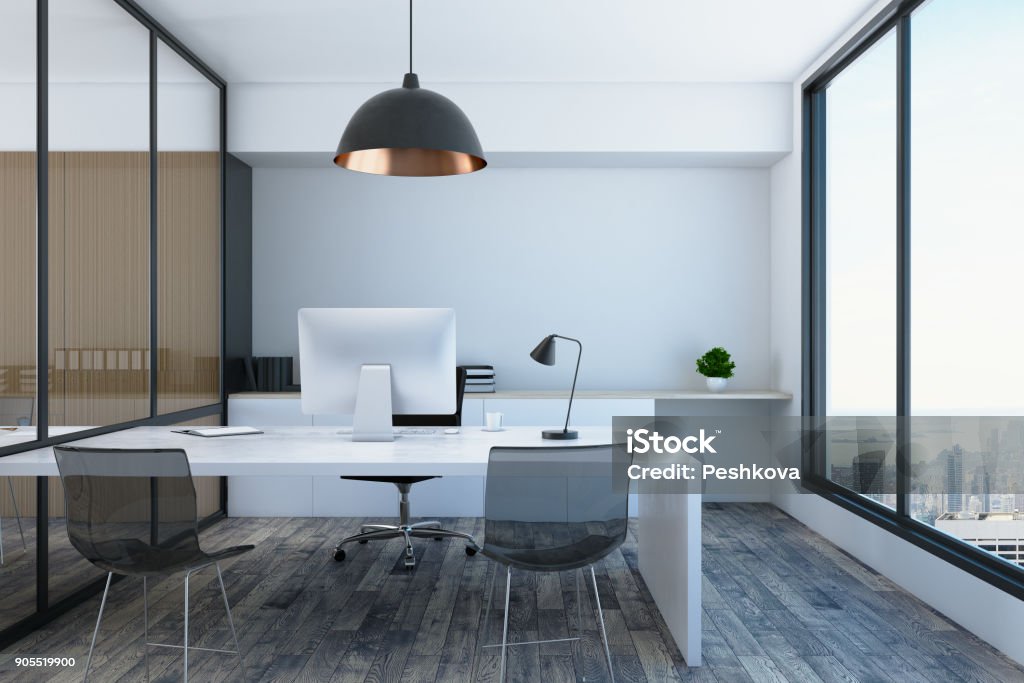Modern office room Modern office room interior with equipment and city view. 3D Rendering Office Stock Photo