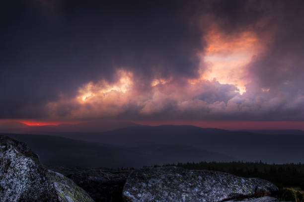Stormy Sunset over Karkonosze Mountains, view from Szrenica/Poland
