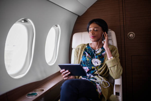 istock Woman in private jet airplane 905533982