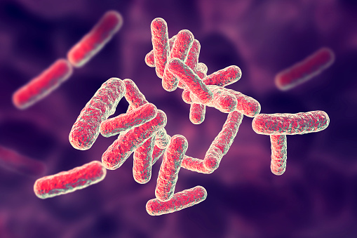 Human pathogenic bacteria on colorful background, 3D illustration