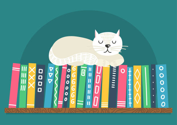 ilustrações de stock, clip art, desenhos animados e ícones de books on shelf with white cat - book book spine in a row library
