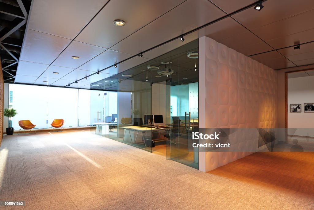 modern office building interior. modern office building interior. 3d rendering concept Office Stock Photo