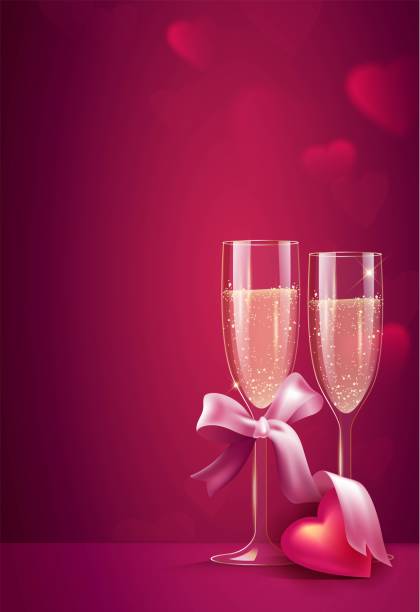 zwei gläser champagner mit rosa schleife auf rosa hintergrund. - invitation elegance dinner backgrounds stock-grafiken, -clipart, -cartoons und -symbole