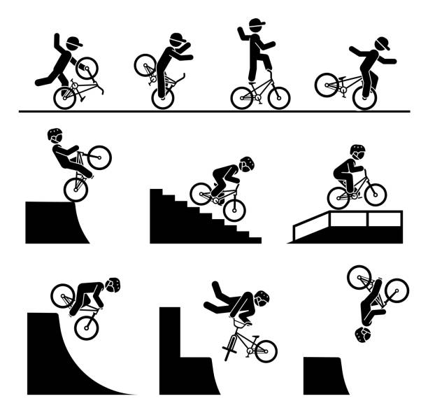 ilustrações de stock, clip art, desenhos animados e ícones de illustration in form of pictograms which represent doing acrobatics with bicycle. - bmx cycling bicycle street jumping