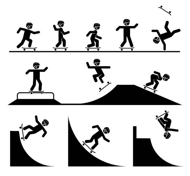 illustrazioni stock, clip art, cartoni animati e icone di tendenza di illustrazione sotto forma di pittogrammi che rappresentano fare acrobazie con lo skateboard. - figure skating