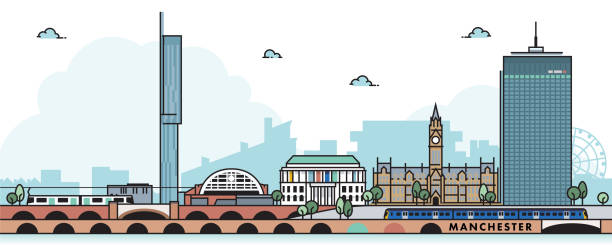 illustrazioni stock, clip art, cartoni animati e icone di tendenza di manchester city skyline - cable car illustrations