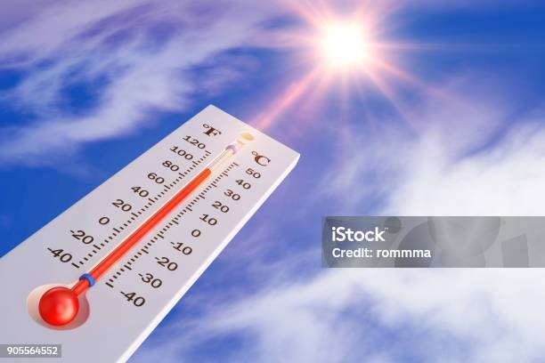 Termómetro Y Sol Foto de stock y más banco de imágenes de Calor - Calor, Termómetro, Verano