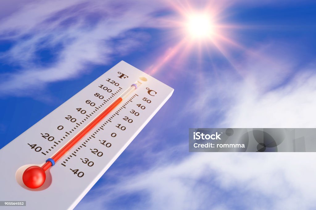 thermometer and sun The thermometer on the background of the sun. 3d rendering. Heat - Temperature Stock Photo