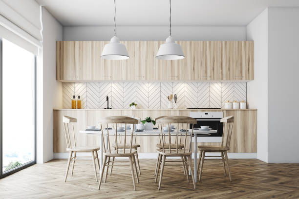 istock Wooden dining room, wooden chairs 905567172