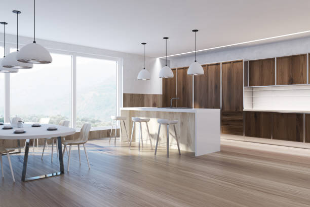 istock Dark wooden kitchen corner with a bar 905569398