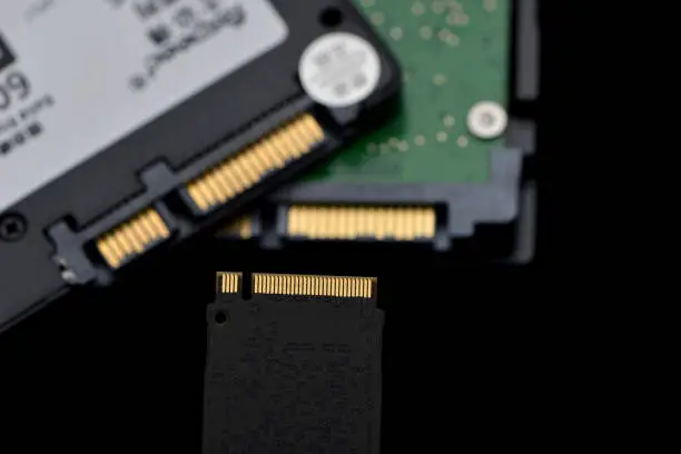 Closeup photo shows that today's technology. m.2, SATA, SSD technologies together.