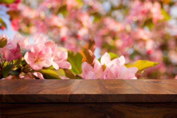 istock Empty top wooden table and floral blurred background 905575902