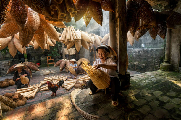 Old Vietnamese female craftsman making the traditional bamboo fish trap or weave at the old traditional house in Thu sy trade village, Hung Yen, Vietnam, traditional artist concept stock photo