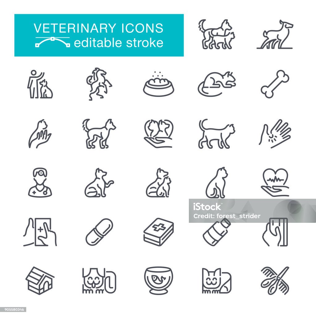 Veterinary Editable Stroke Icons Pets, Animal, Fish, Puppy, Medical Equipment, Editable Stroke Icon Set Icon Symbol stock vector