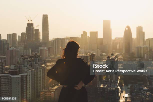 Rear View Of Woman Looking At City In Sunlight Stock Photo - Download Image Now - City, Women, Business