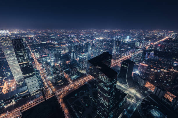 vista aérea de la ciudad de pekín de noche - biological culture outdoors travel destinations architecture fotografías e imágenes de stock