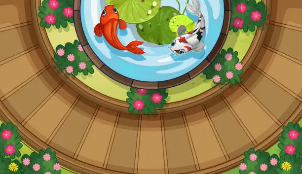 Vector illustration of Top view of koi fish swimming in pond