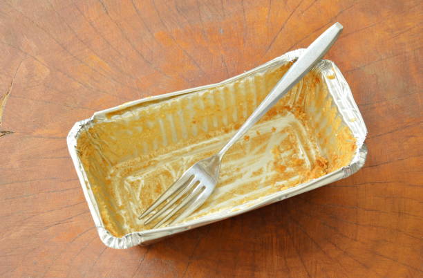 istock Stain of butter cake and silver fork in empty aluminum tray 905594424