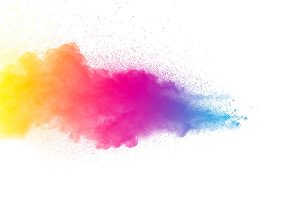 multicolored powder explosion isolated on white background. colored dust splash cloud  on white background. launched colorful small particles on white background. - spray cor imagens e fotografias de stock