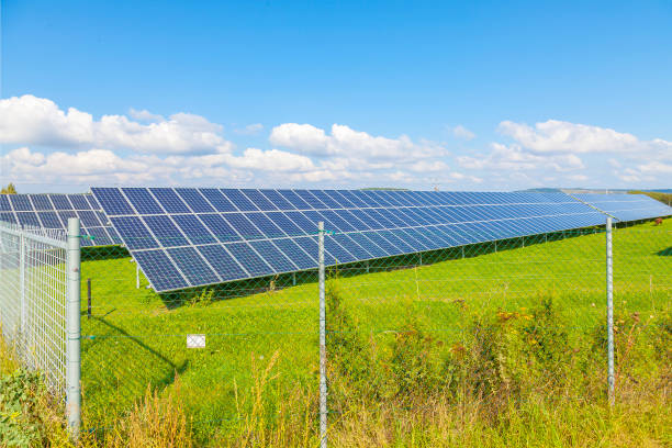 istock Solar energy panels on green field, blue sky 905595374