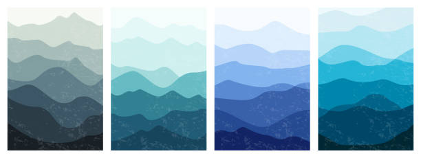 Beautiful mountains landscapes in different colors. Set of layered vertical backgrounds. Stylish outdoor card templates. Textured vector illustration for posters, banners, leaflets and covers design. mountain layers stock illustrations