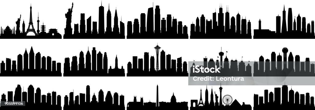 American Cities (All Buildings Are Complete and Moveable) American cities. All buildings are complete and moveable. From left to right; the world, New York, Los Angeles, Chicago, San Fransisco, San Diego, Philadelphia, Seattle, San Antonio, Dallas, Houston, Austin, Washington DC, Las Vegas, and Boston. Urban Skyline stock vector